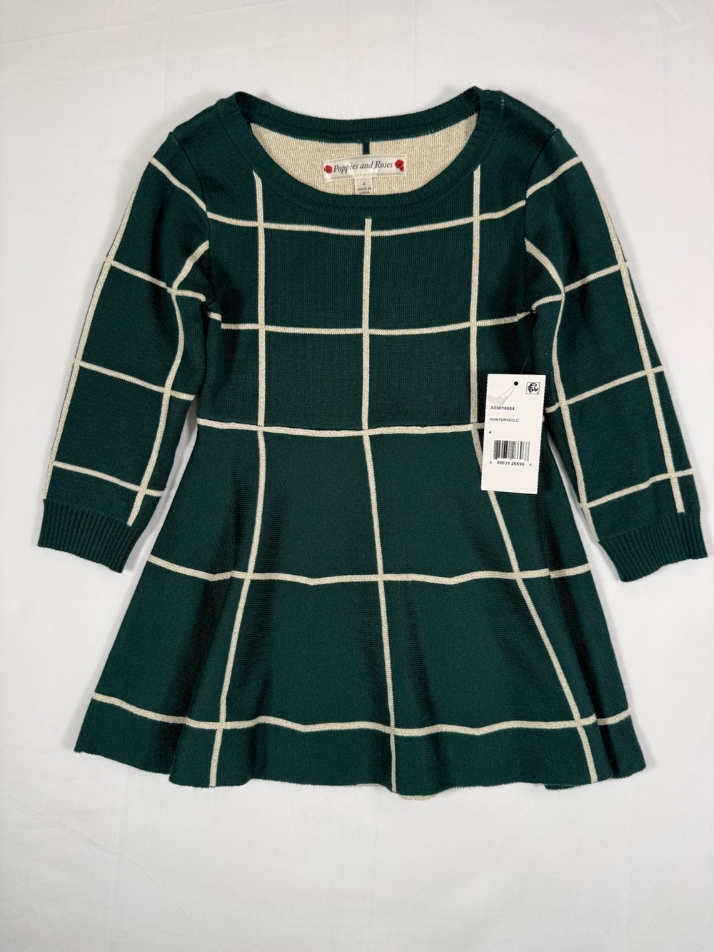 NWT POPPIES AND‎ ROSES Girls 4 Sweater Knit Fit Flare Dress Gold Windowpane NEW